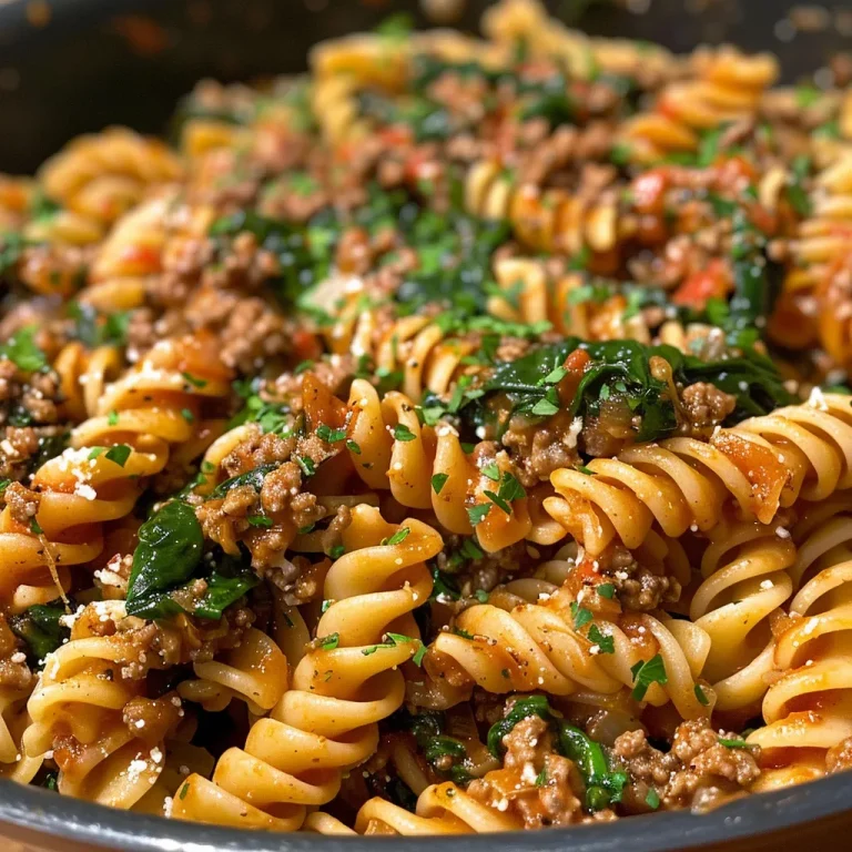 Close-up view of a creamy beef and garlic parmesan spinach pasta dish in a bowl.