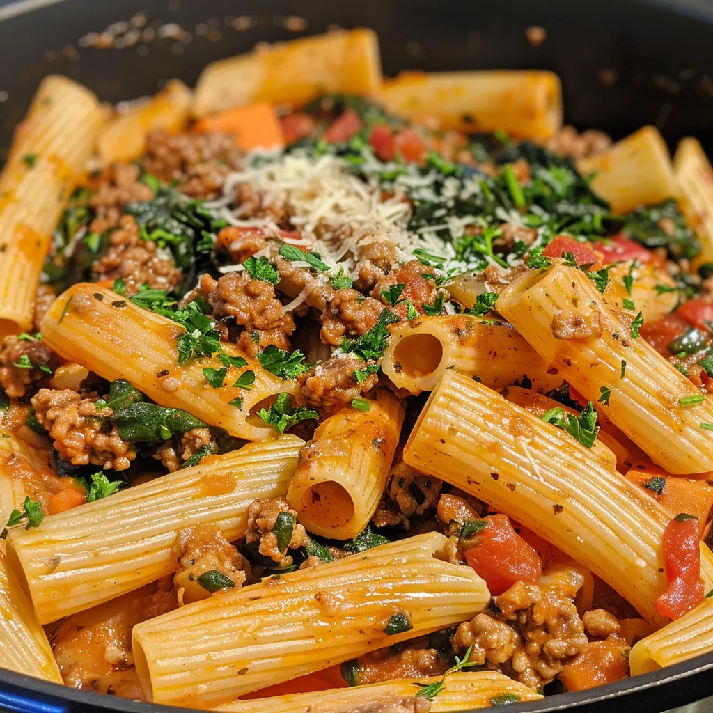 A delicious one-pot pasta with ground beef, spinach, and grated Parmesan cheese.