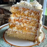 Close-up side view of a slice of Orange Creamsicle Cake on a plate, showcasing its orange and cream layers.