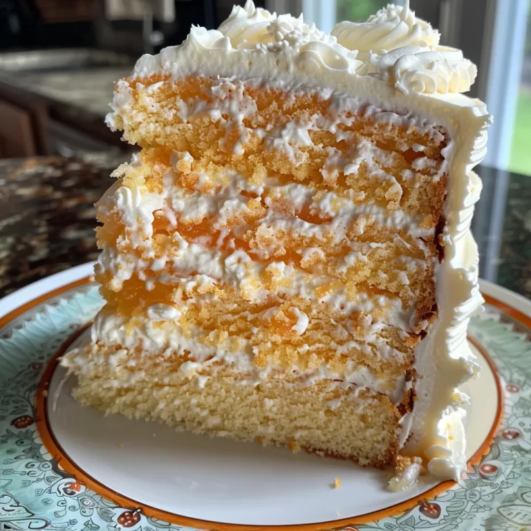 Close-up side view of a slice of Orange Creamsicle Cake on a plate, showcasing its orange and cream layers.