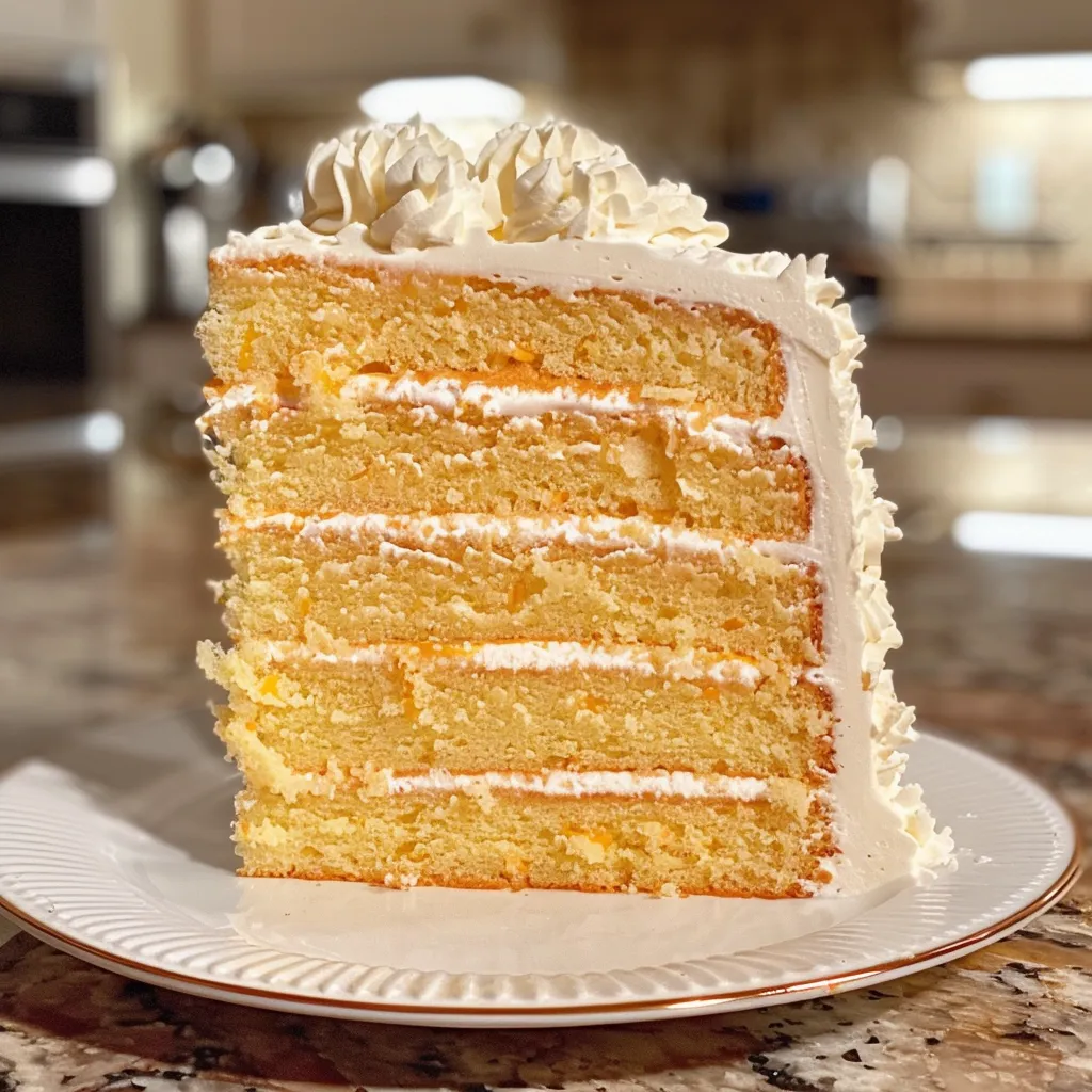 Detailed image of a moist slice of Orange Creamsicle Cake with a creamy frosting and orange zest on top.