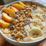 A close up side view of a vibrant peach banana protein smoothie bowl topped with colorful fruits and seeds.