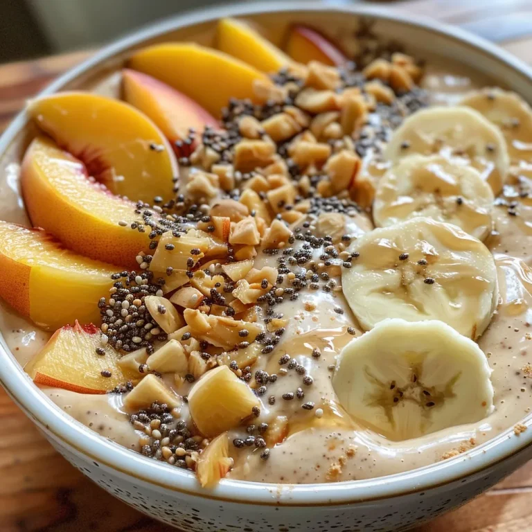 A close up side view of a vibrant peach banana protein smoothie bowl topped with colorful fruits and seeds.