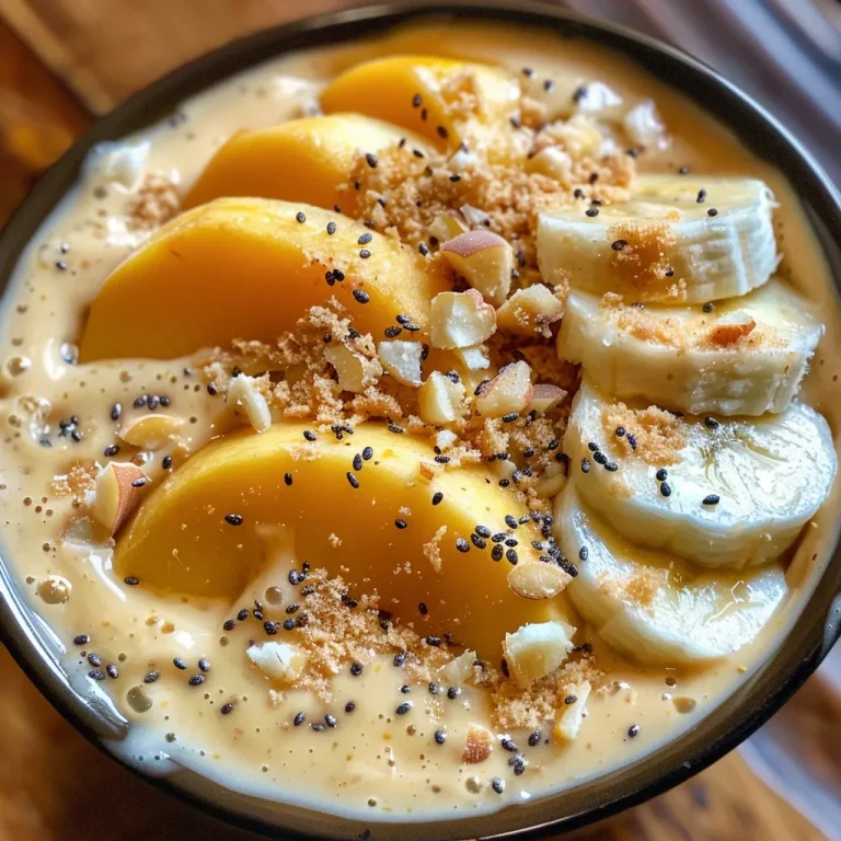 Blend Your Way to Bliss The Ultimate Peach Banana Protein Smoothie Bowl A close-up view of a peach banana protein smoothie bowl topped with vibrant fruits and seeds.