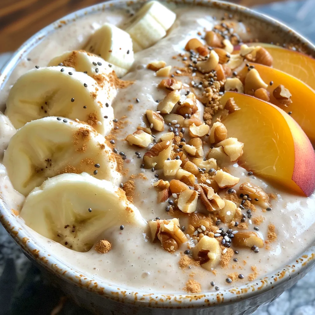 A side view of a smoothie bowl filled with creamy peach and banana blend, adorned with colorful toppings.