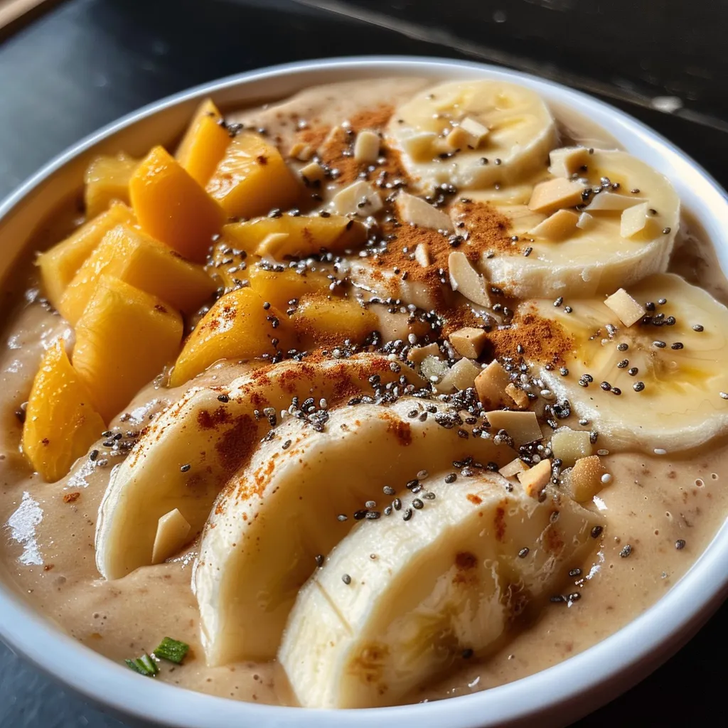 A creamy smoothie bowl in a white dish, featuring peach and banana with a sprinkle of seeds and nuts.