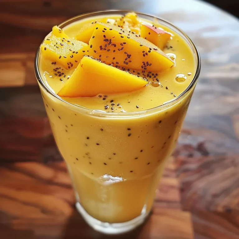 Close-up view of a peach mango smoothie in a clear glass with ice.