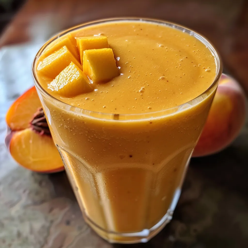 Refreshing peach mango smoothie side view, garnished with a peach slice.