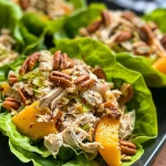Close-up of Peach-Pecan Chicken Salad in lettuce wraps.
