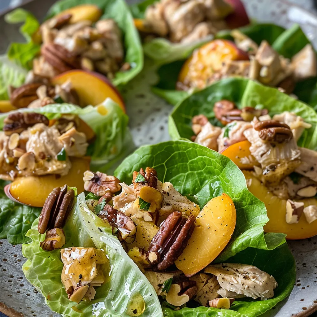 Juicy chicken salad with peaches and pecans in lettuce.