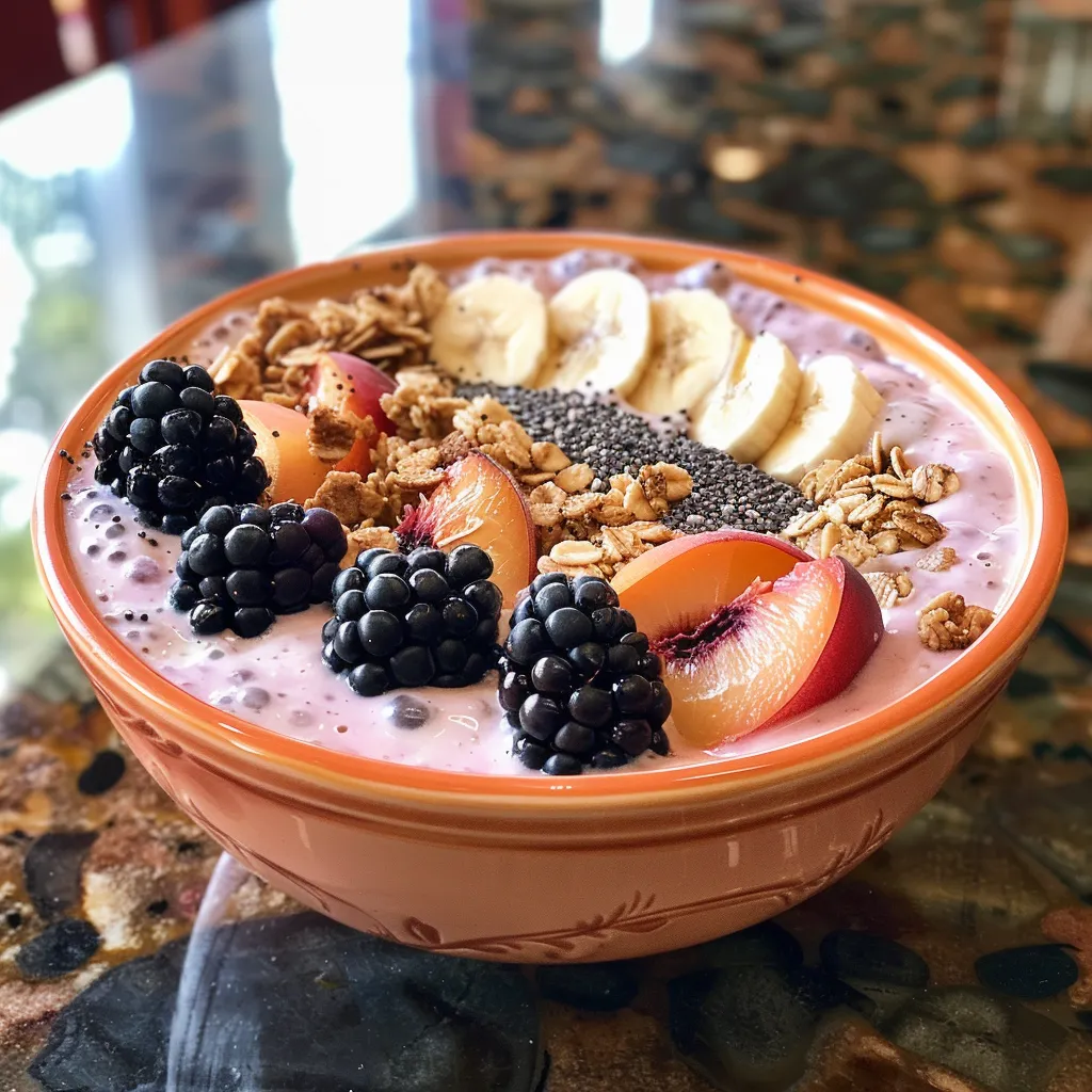 Side perspective of a Peach Smoothie Bowl with peaches, blackberries, and granola decorations.
