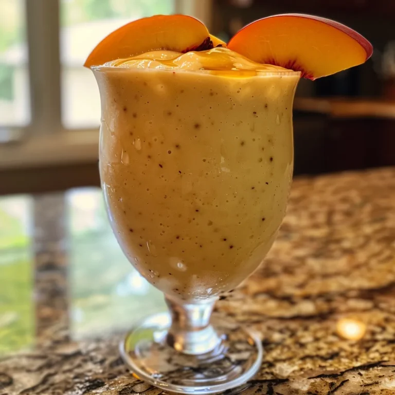 Whip Up a Refreshing Peach Yogurt Smoothie in Minutes! Close-up view of a peach yogurt smoothie in a glass with a peach slice garnish.