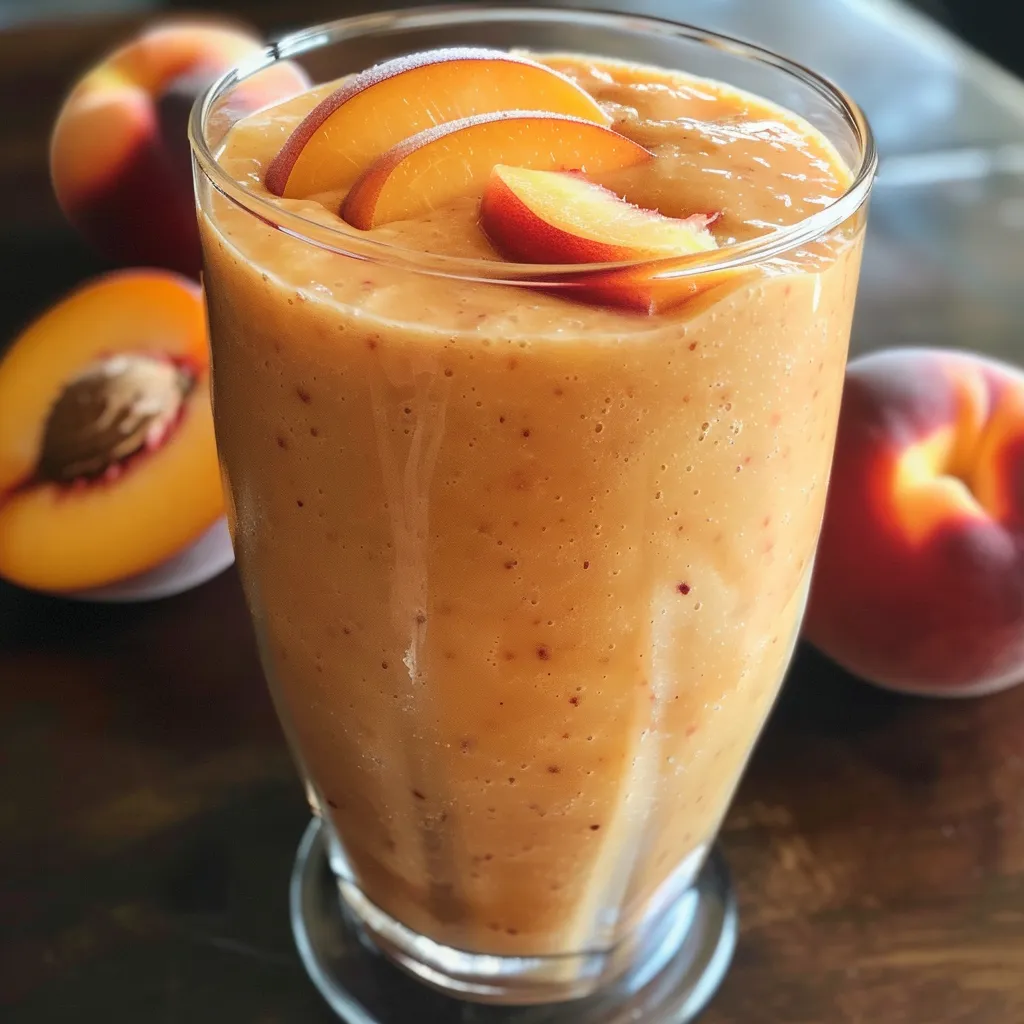 Side view of a creamy peach yogurt smoothie served in a clear glass with ice.