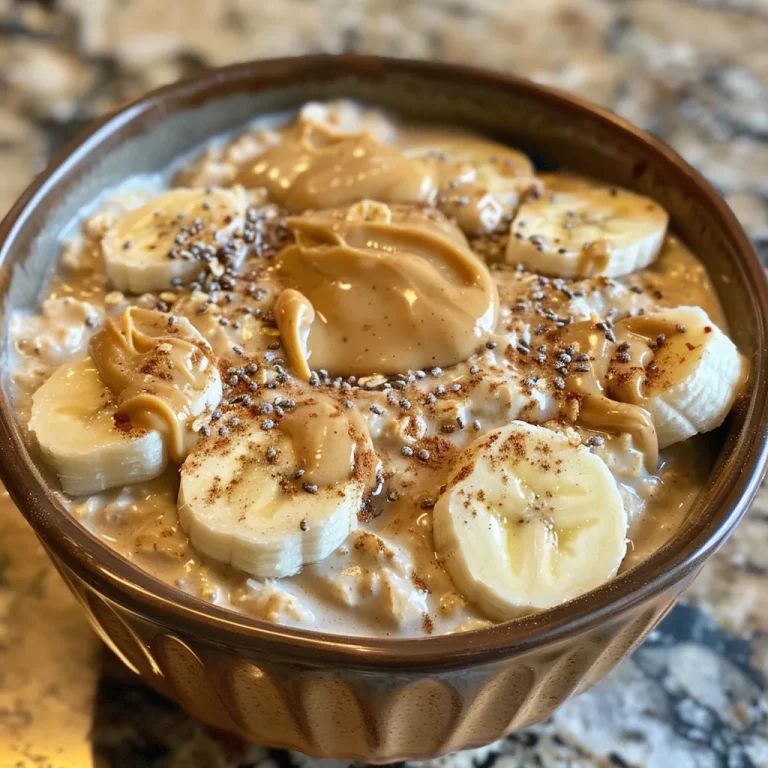 Close-up side view of a glass bowl filled with peanut butter and banana overnight oats.