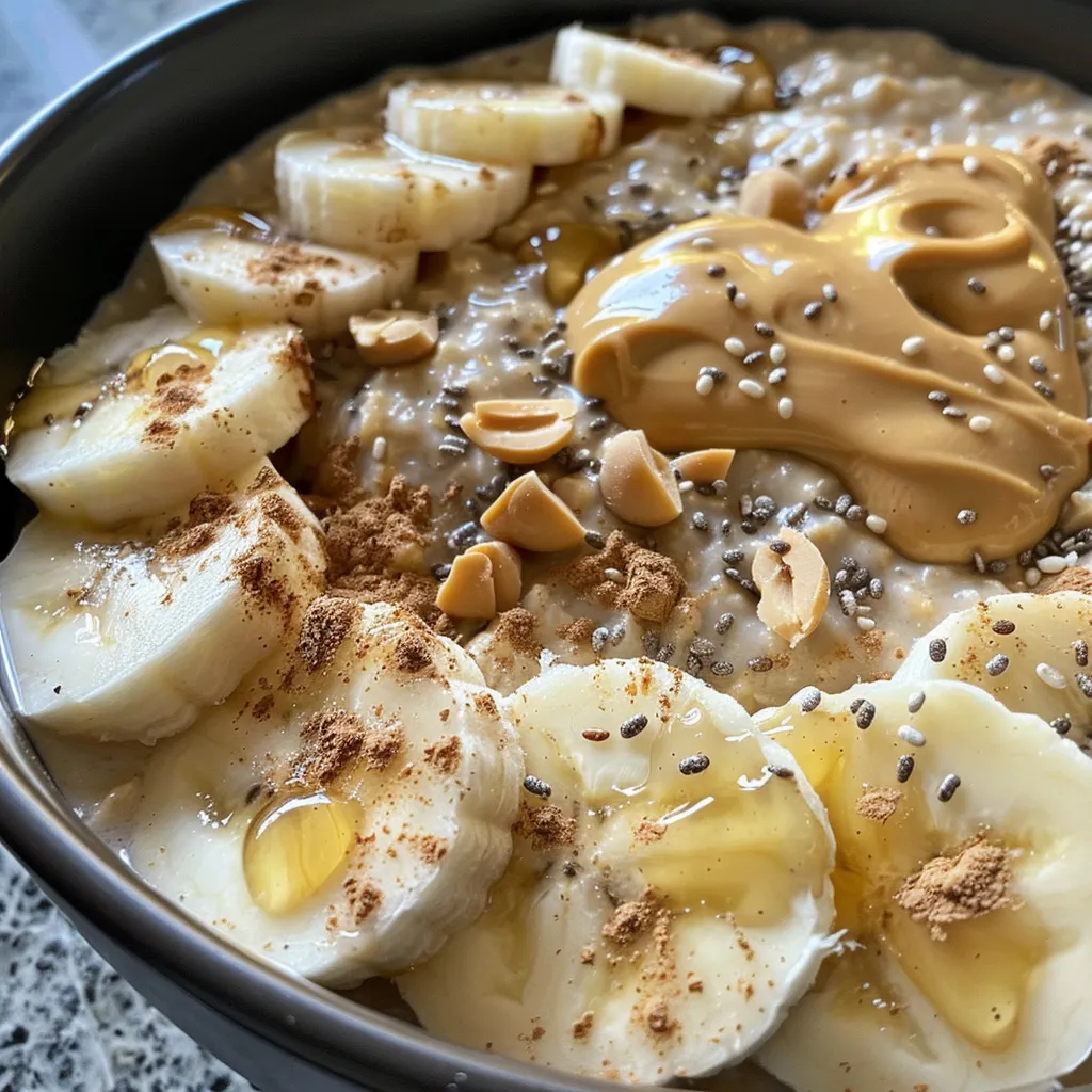 A vibrant bowl of overnight oats featuring banana slices and a drizzle of peanut butter.