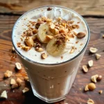 Close-up view of a creamy peanut butter banana smoothie in a glass.