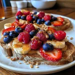 Close-up of peanut butter spread on toasted bread topped with fresh strawberries and blueberries.