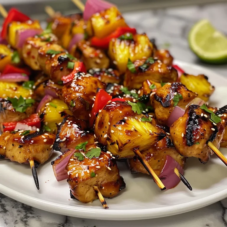 Juicy pineapple teriyaki chicken skewers with vibrant red and yellow vegetables.