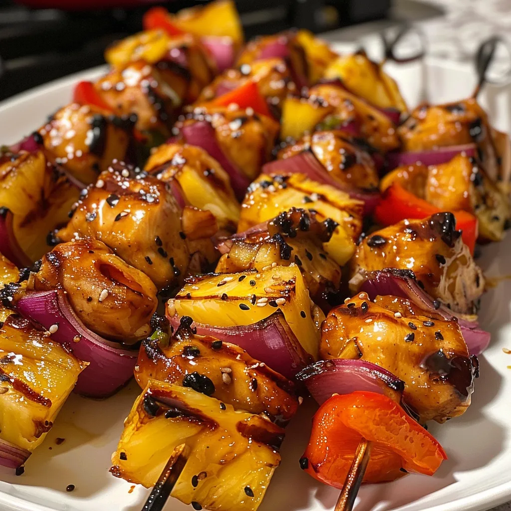 Close-up side view of grilled chicken skewers featuring pineapple and bell peppers.