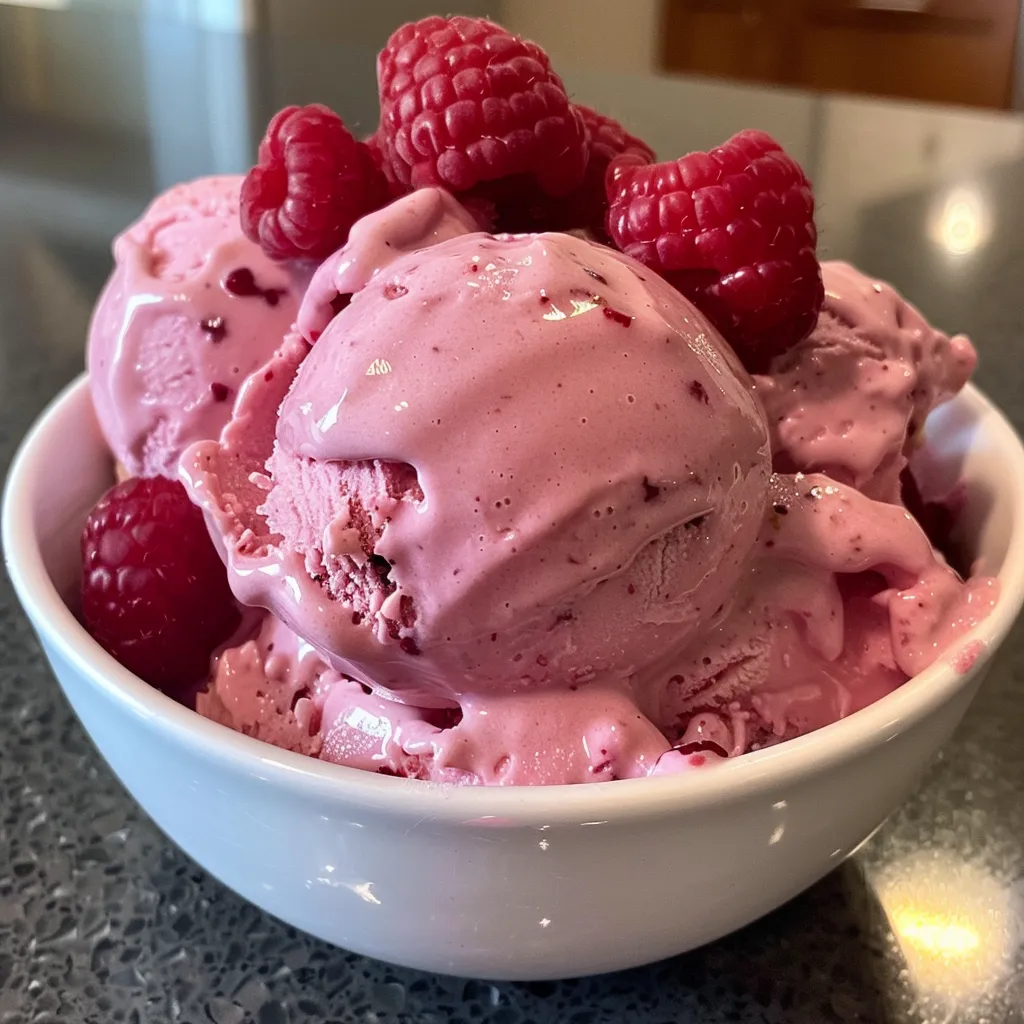 Side profile of a bowl filled with colorful protein berry ice cream topped with raspberries.