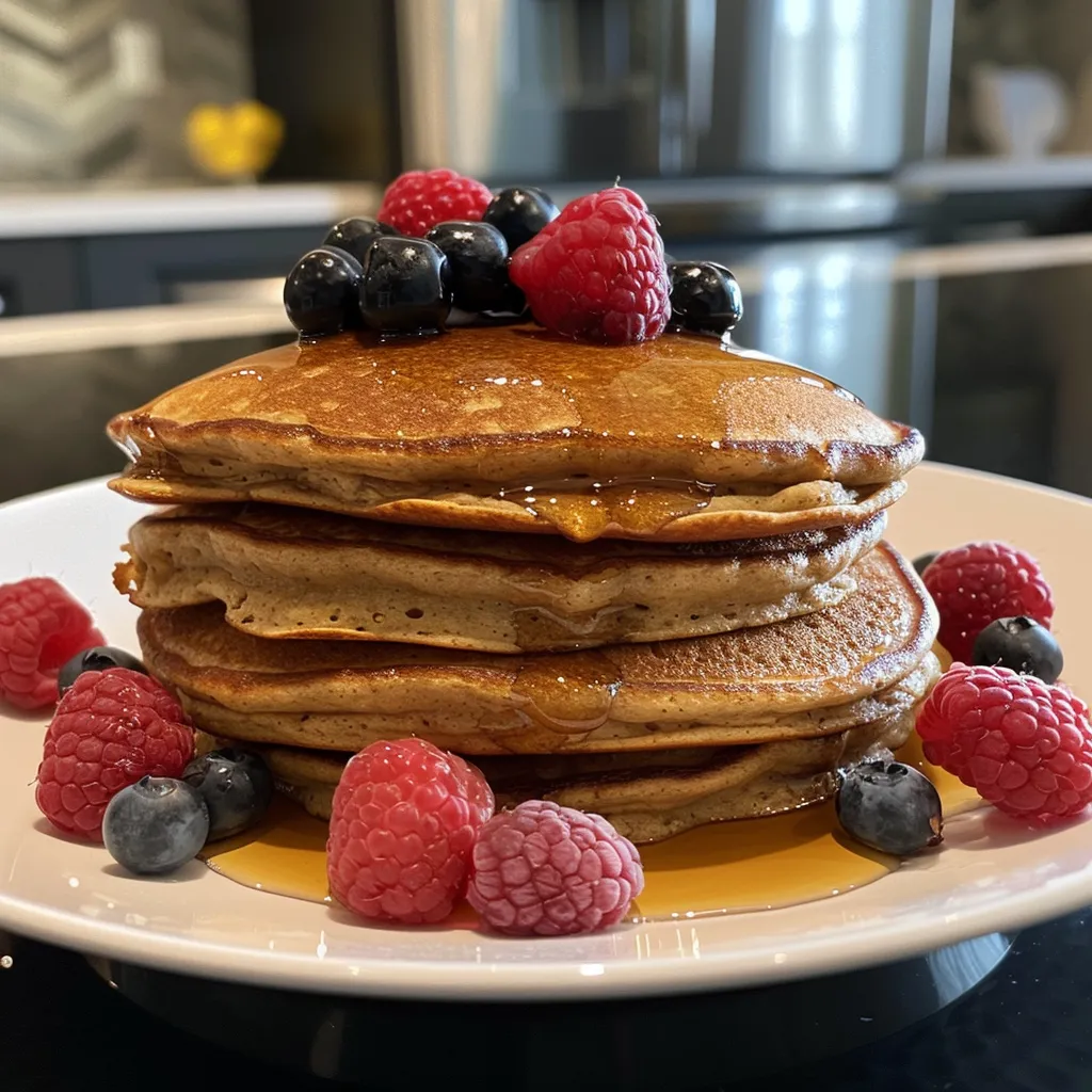 Sliced protein pancakes displaying a soft, fluffy texture with berries on top.