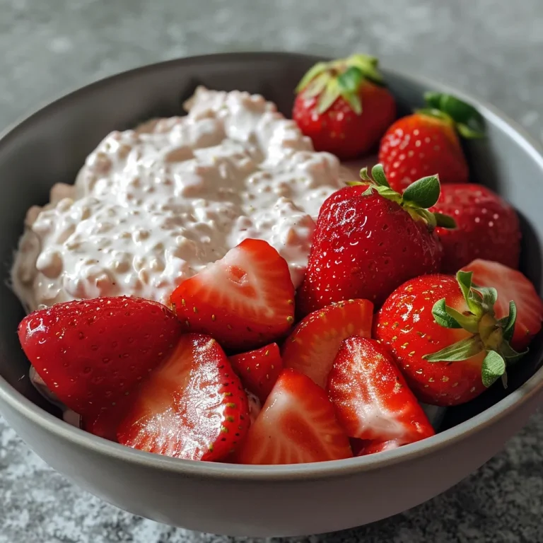 Close-up view of creamy strawberry yoghurt in a clear container with fresh strawberry pieces.