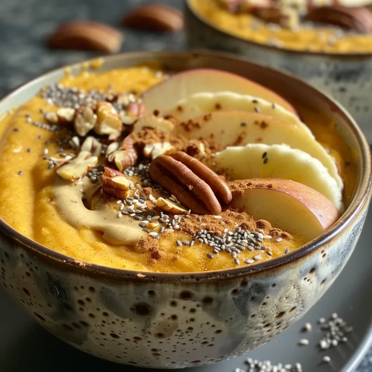 Harvest Your Happiness with a Pumpkin Apple Cinnamon Smoothie Bowl Close-up view of a Pumpkin Apple Cinnamon Smoothie Bowl topped with apple slices and seeds.