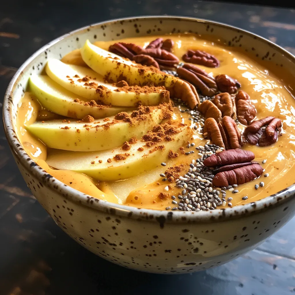 Side view of a colorful smoothie bowl featuring pumpkin puree and chopped apples.