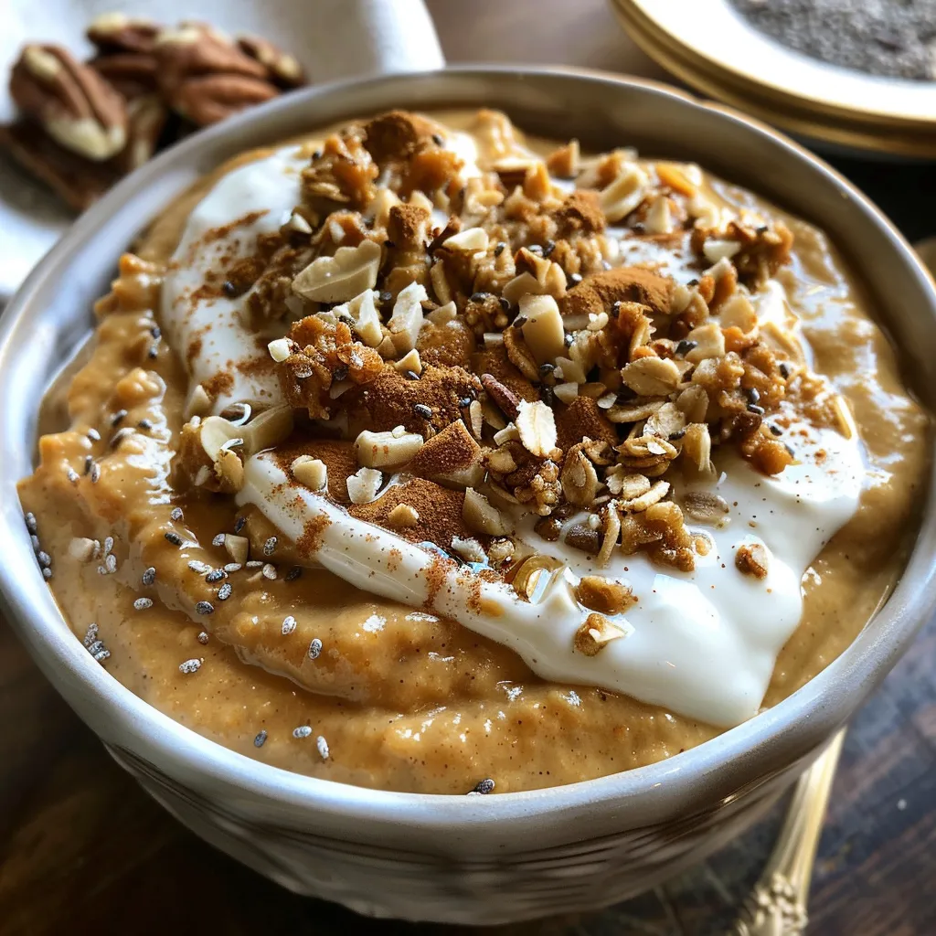 Side shot of a vibrant pumpkin spice yogurt bowl with a mixture of nuts and dried fruits on top.