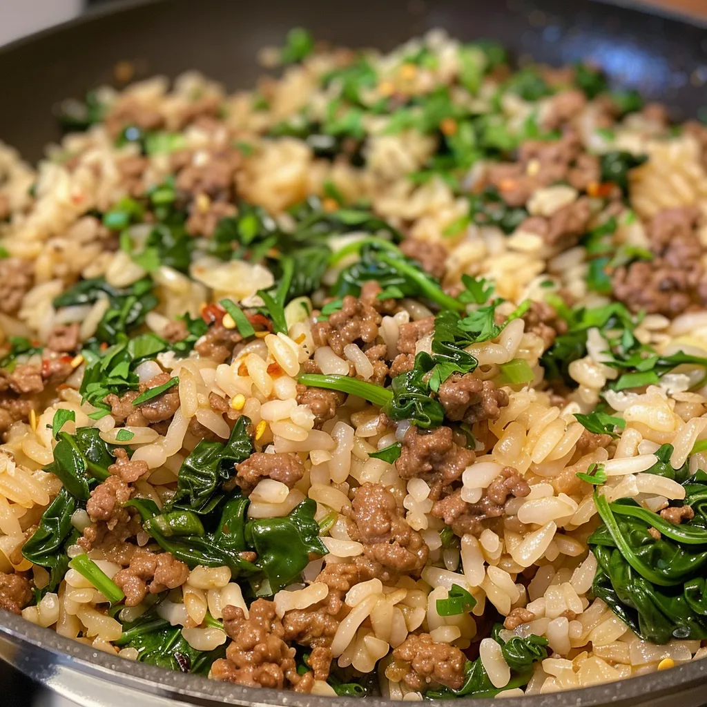 Juicy Quick Beef Spinach Rice Skillet featuring fresh spinach and ground beef, topped with grated cheese.