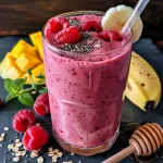 A vibrant raspberry mango smoothie in a glass, garnished with fresh fruit.