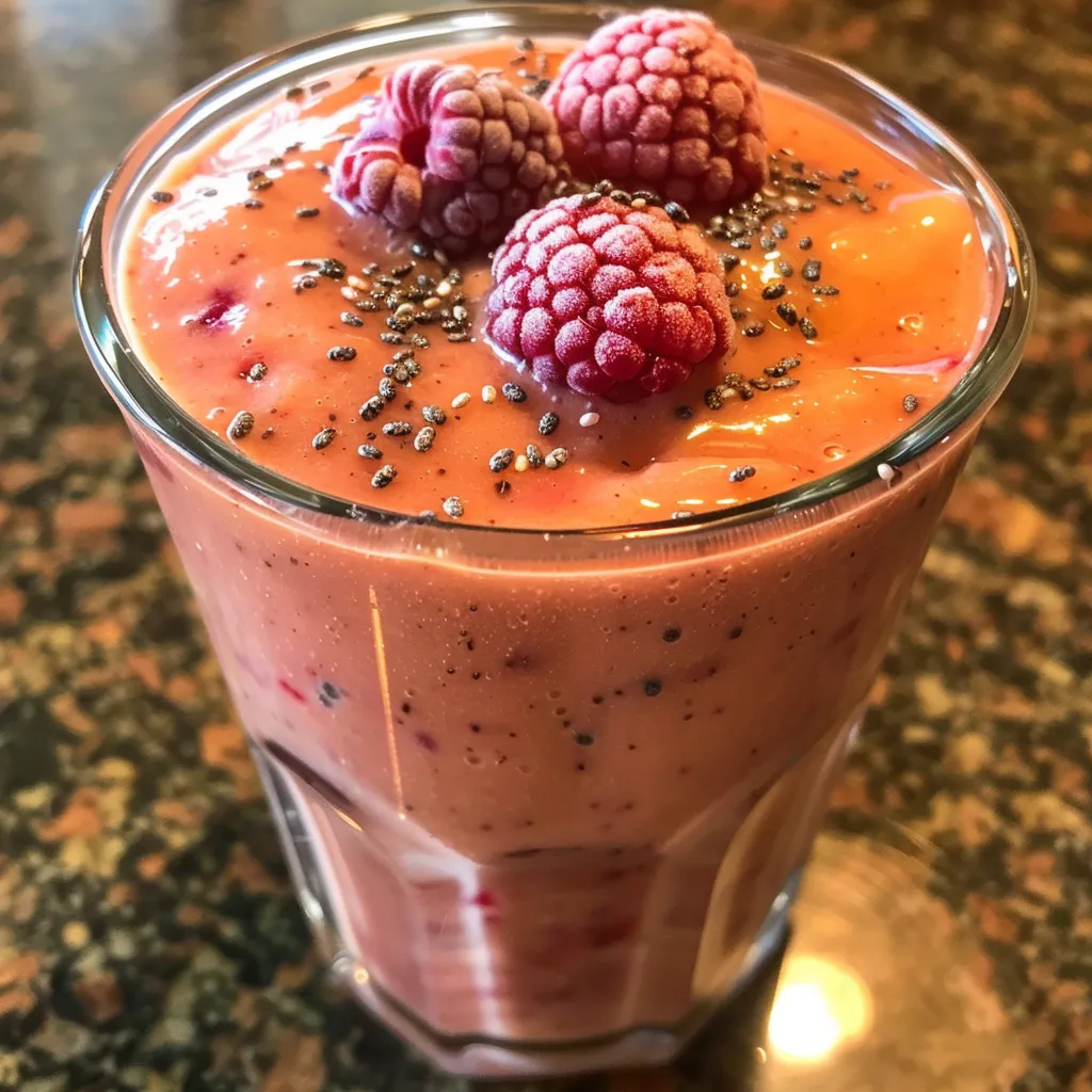 Side view of a thick raspberry mango smoothie with a straw, set on a wooden table.