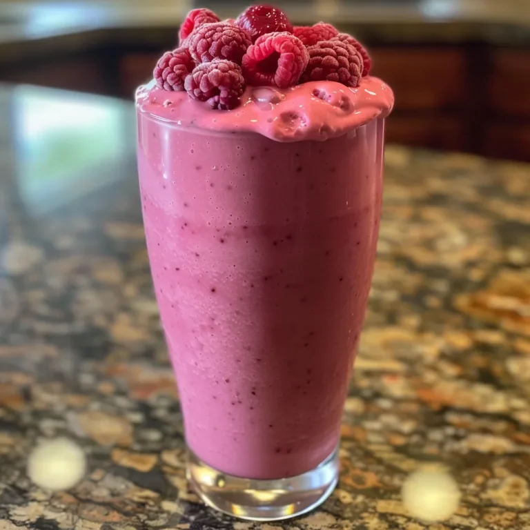 A vibrant raspberry vanilla smoothie in a glass with fresh raspberries on the side.