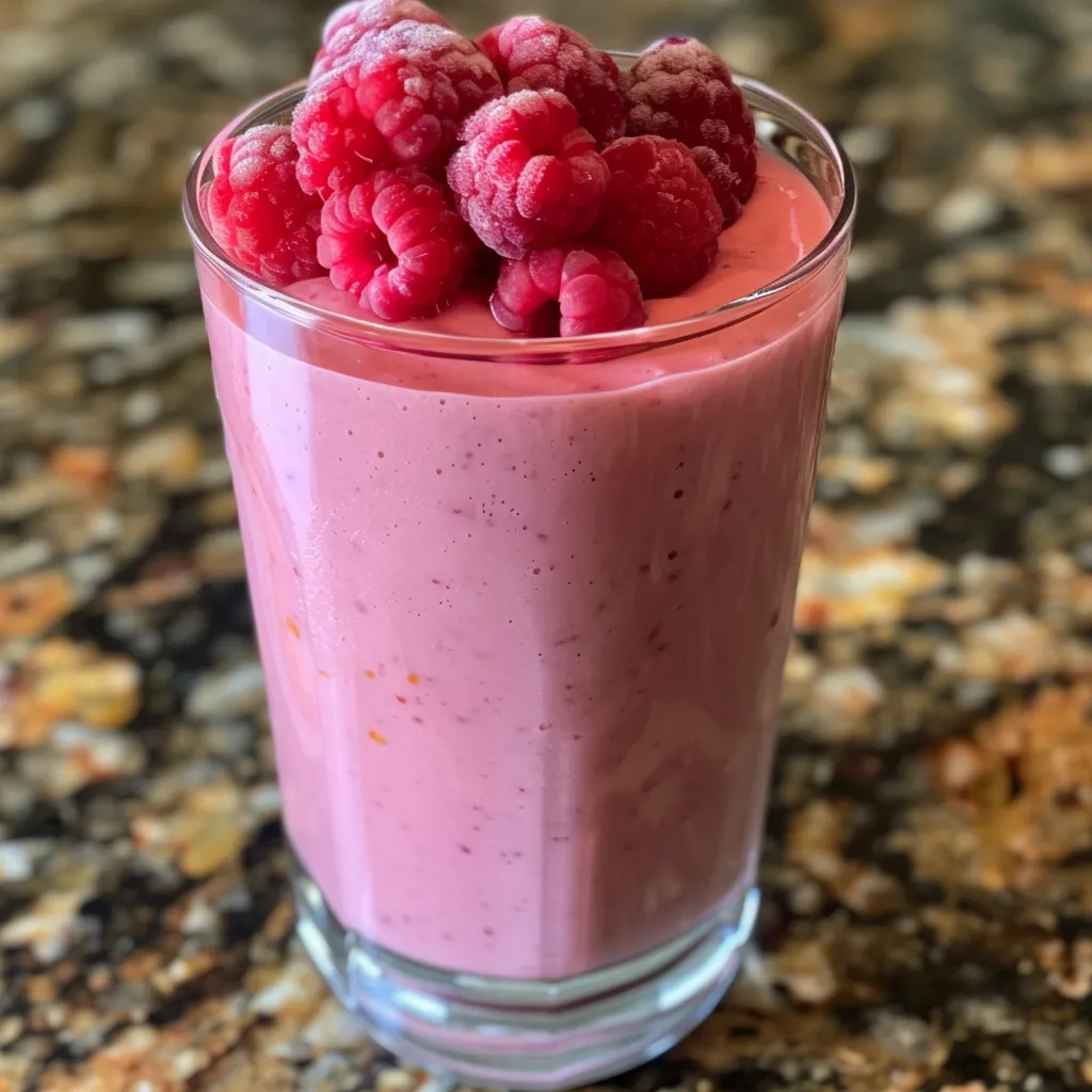 A close-up of a raspberry vanilla smoothie, showcasing a creamy texture and bright color.
