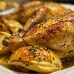 Juicy roasted chicken with crispy skin, garnished with herbs.