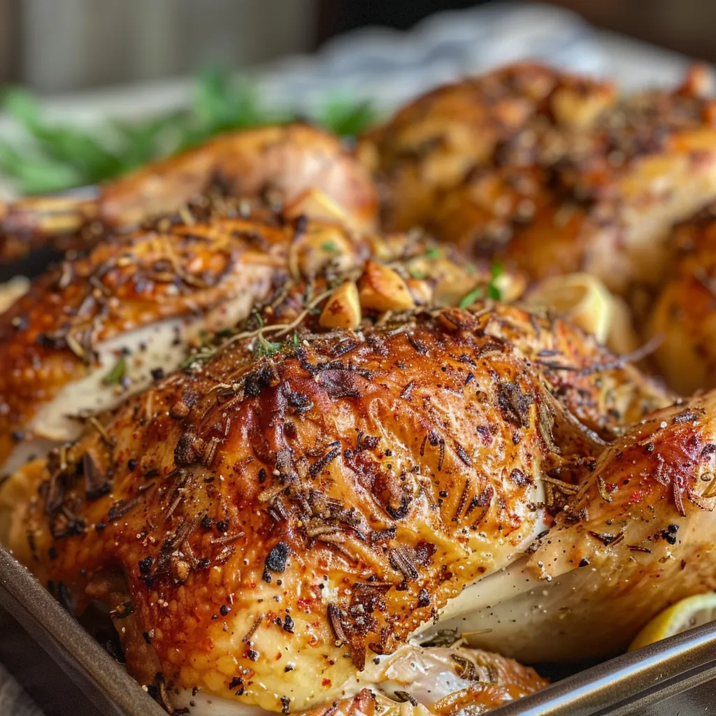 Close-up view of a golden-brown roasted chicken on a wooden cutting board.