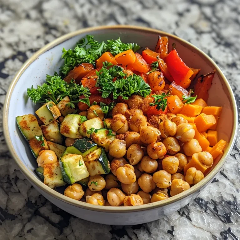 A close-up view of a vibrant roasted chickpea and veggie bowl, showcasing colorful diced bell pepper, zucchini, and carrots.