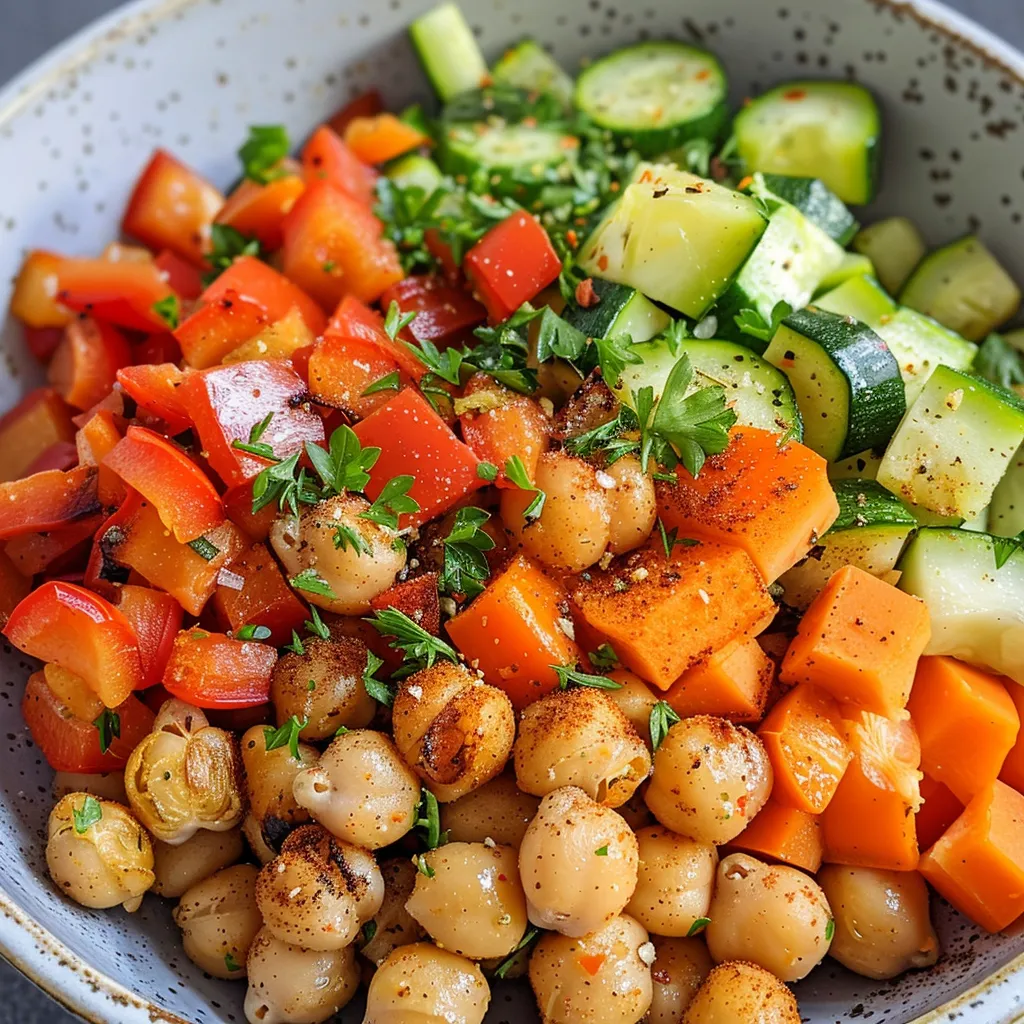Side view image of a roasted chickpea and veggie bowl, featuring golden chickpeas and fresh veggies, garnished with parsley.