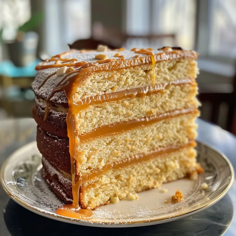 Close-up side view of a moist salted caramel cake drizzled with caramel.