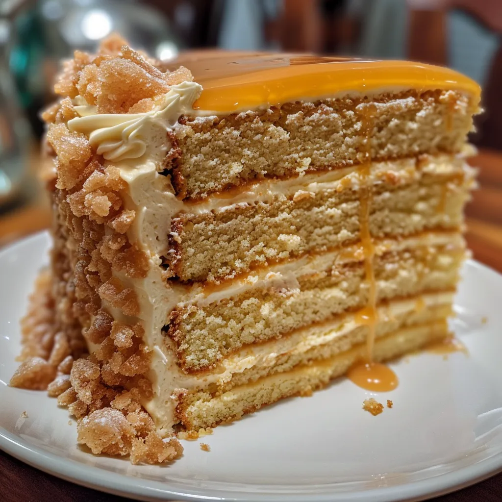 Detailed view of a decadent salted caramel cake showcasing its rich layers.
