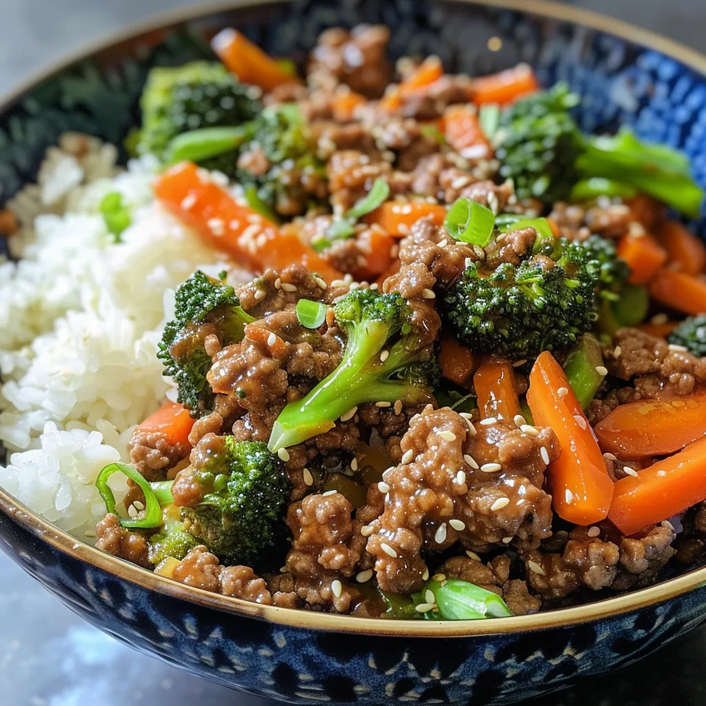 Juicy ground beef teriyaki served over white rice, garnished with green onions and sesame seeds.