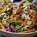 Close-up view of a vibrant sesame chicken salad with colorful vegetables and chicken pieces.