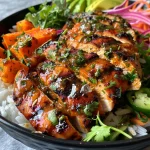 Close-up view of Sheet Pan BBQ Chicken Ranch Bowls featuring chicken, sweet potatoes, rice, and toppings.