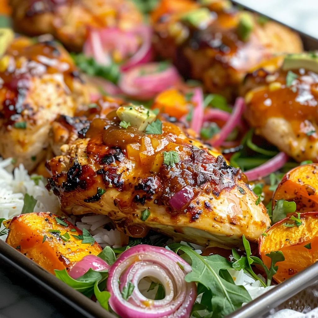 Juicy BBQ chicken thighs with sweet potatoes and colorful garnishes like avocado and pickled onions.
