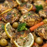 A close-up view of juicy lemon herb chicken with colorful vegetables on a sheet pan.