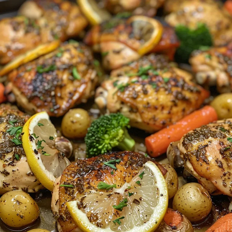 A close-up view of juicy lemon herb chicken with colorful vegetables on a sheet pan.