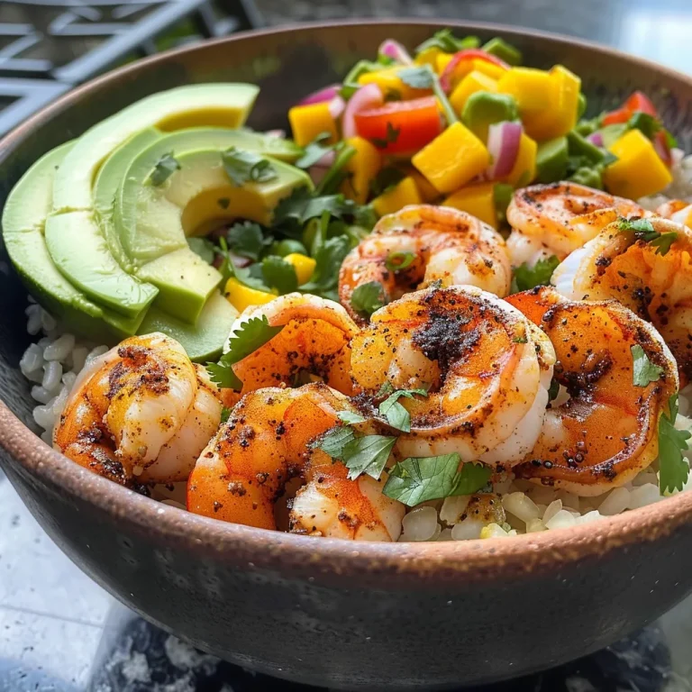 Bright Delicious Shrimp and Avocado Bowls with Mango Salsa A close-up view of a shrimp and avocado bowl topped with mango salsa and lime chili sauce.