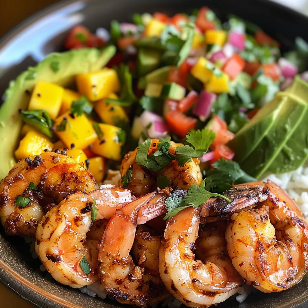Side view of a delicious shrimp and avocado bowl garnished with lime wedges.