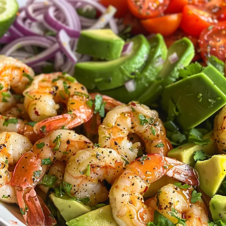 Close-up view of a vibrant shrimp avocado salad with various fresh ingredients.