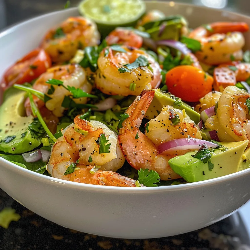 Side view of a Shrimp Avocado Salad featuring shrimp, avocado, and vegetables.